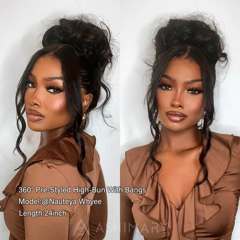 Pre-Styled Body Wave Ponytail with Bangs Face-Framing Invisi Strap 360 Skin Lace Frontal Bleached Knots Glueless Wig