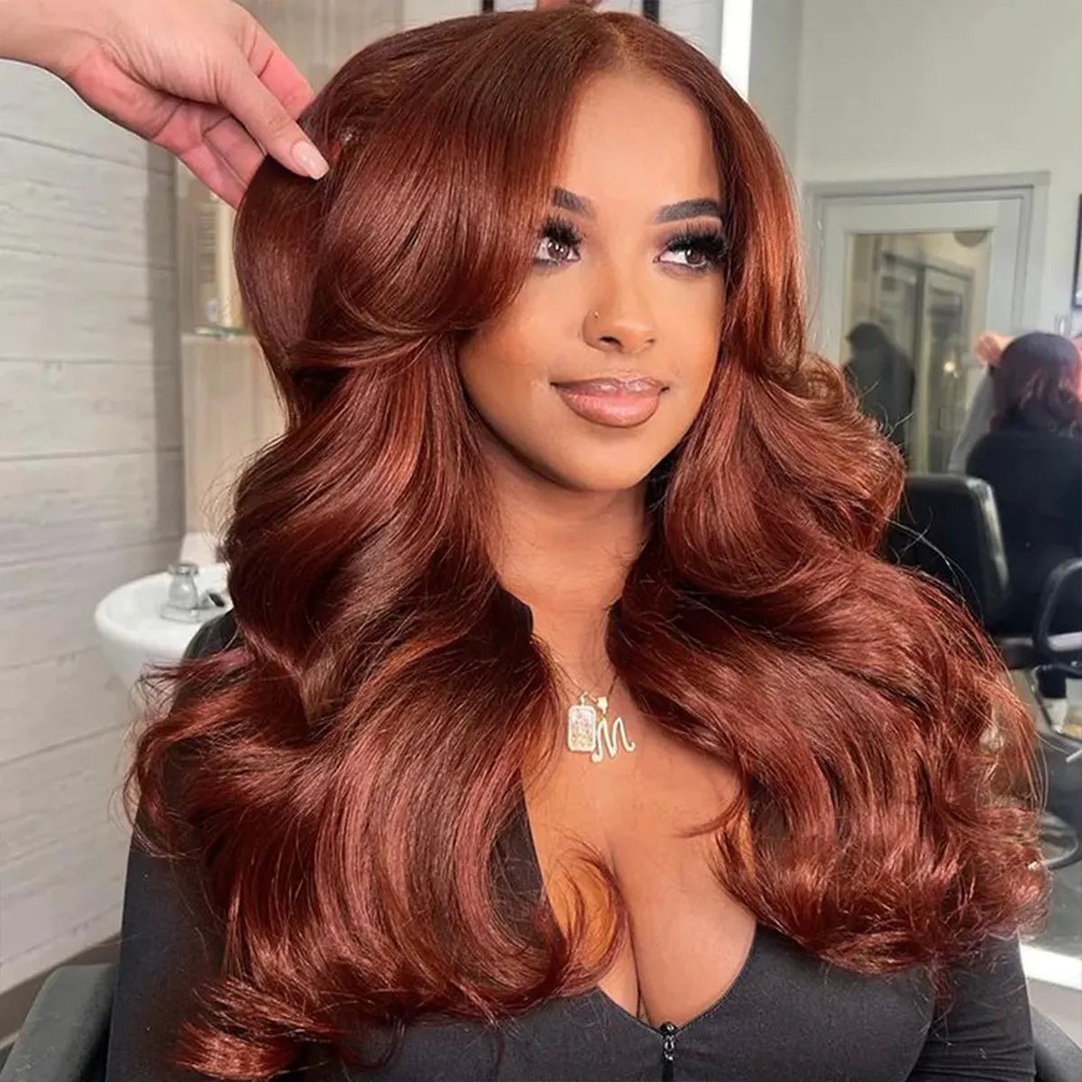 Upgrade Reddish Brown Layer Cut Body Wave Invisi Strap Laid Flat 360 Skin Lace Frontal Pre-Bleached Knots Put On & Go Wig