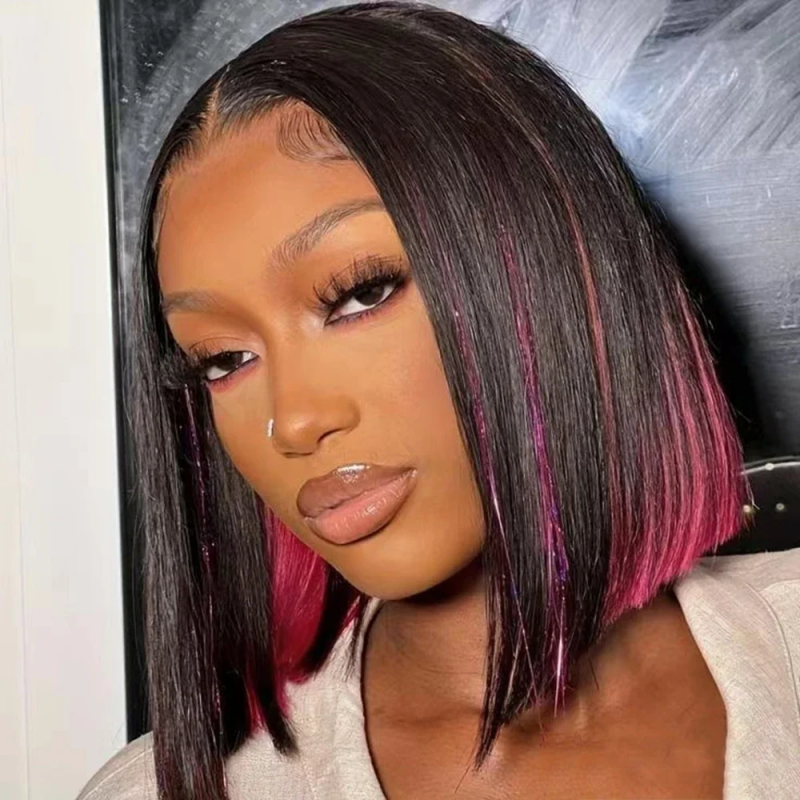 Peekboo Pink Highlight Wig Hidden Color Short Bob Silk 13x4 Transprant Lace Front Wig