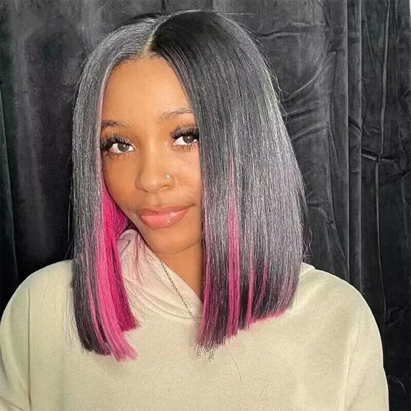 Peekboo Pink Highlight Wig Hidden Color Short Bob Silk 13x4 Transprant Lace Front Wig
