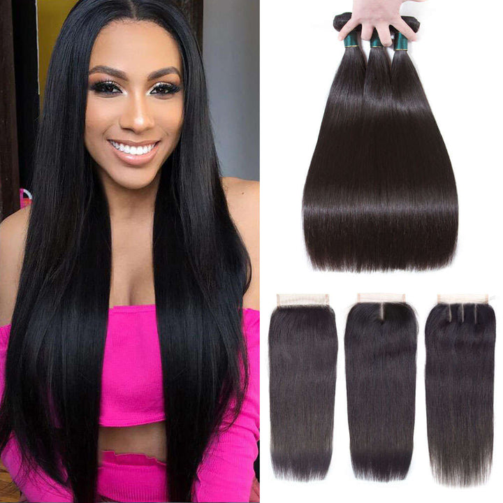 4*4 Lace Closure With Bundles Silky Straight 10A Virgin Human Hair Weave