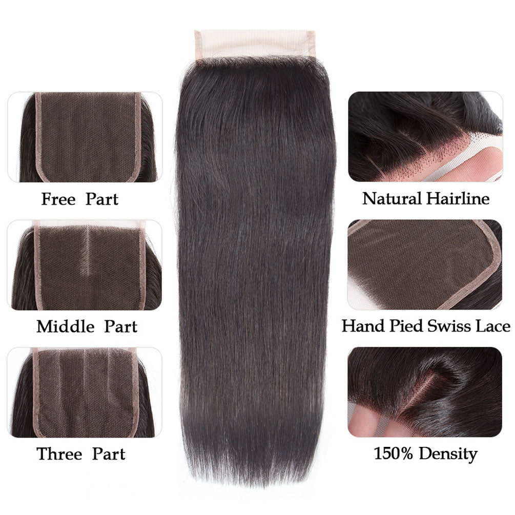 4*4 Lace Closure With Bundles Silky Straight 10A Virgin Human Hair Weave