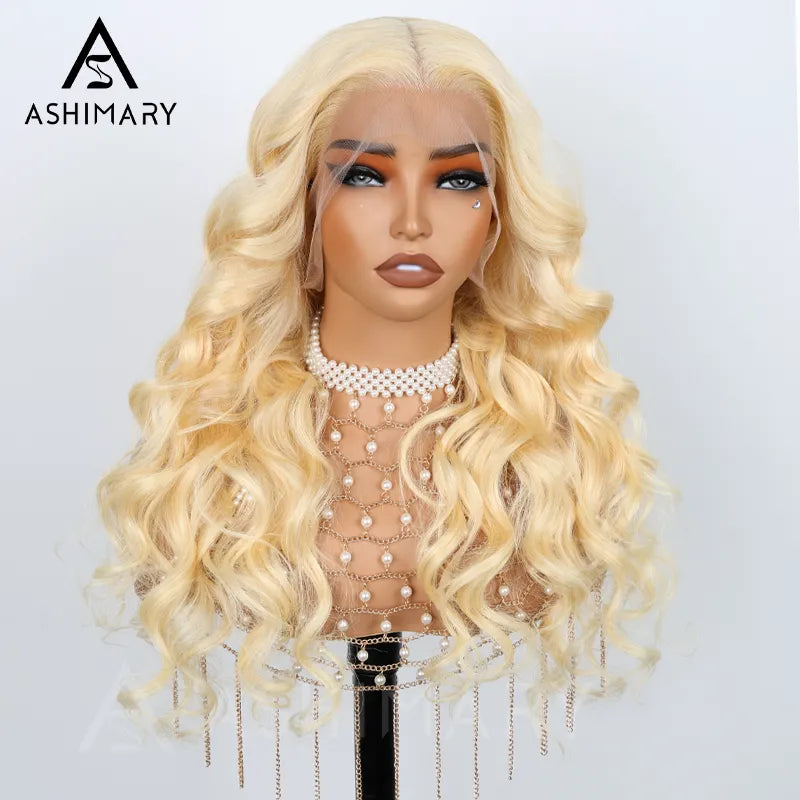 Ashimary Upgrade 360 Skin Lace Frontal with Invisi Strap Blonde 613 Layer Cut Body Wave Glueless Wig No Gel Needed Breathable Human Hair wig