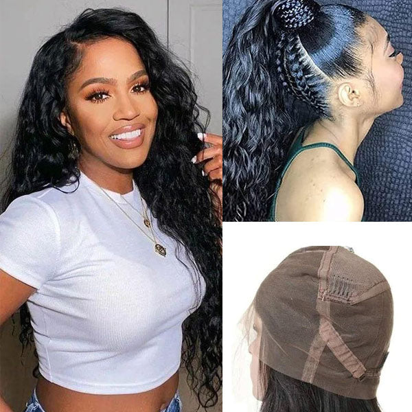 Full Lace Frontal Wigs 250% Density Water Wave Virgin Human Hair For Women