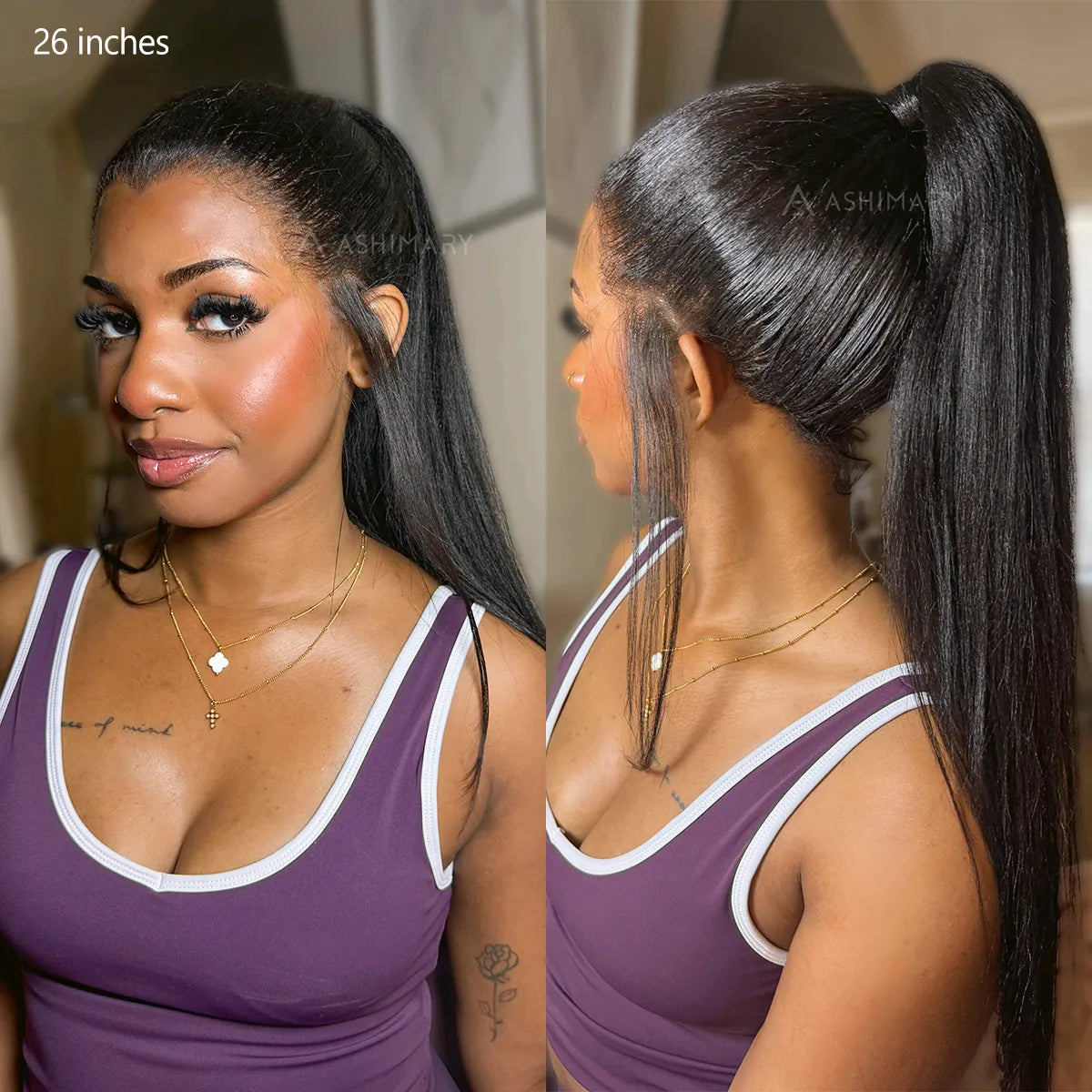 Pre-Styled Widows Peak Ponytail Wig Invisi Strap 360 Lace Wig Glueless Human Hair Yaki Straight Wigs